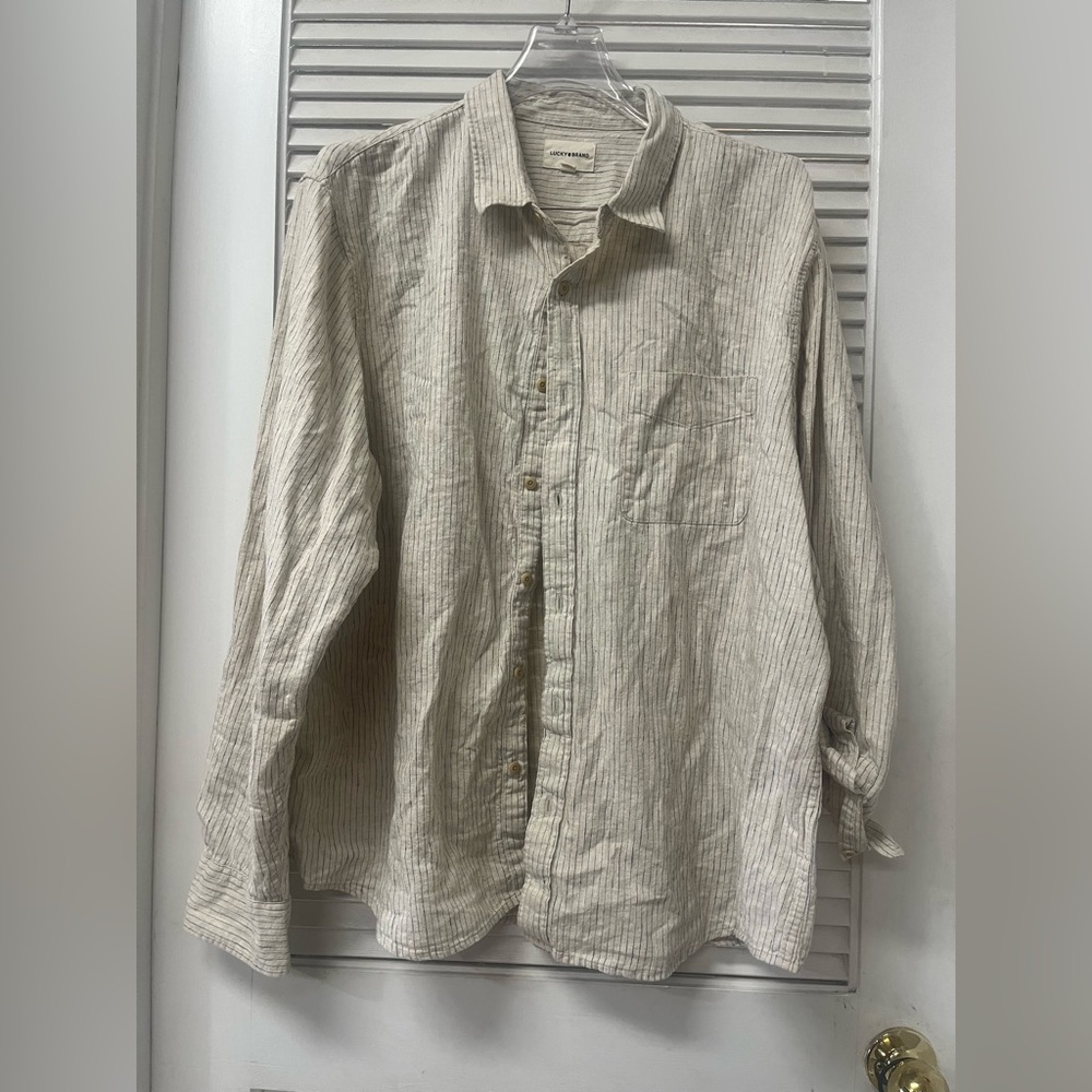 Lucky Brand ✨tan with Navy Pinstripe Button-Up Shirt✨XXL